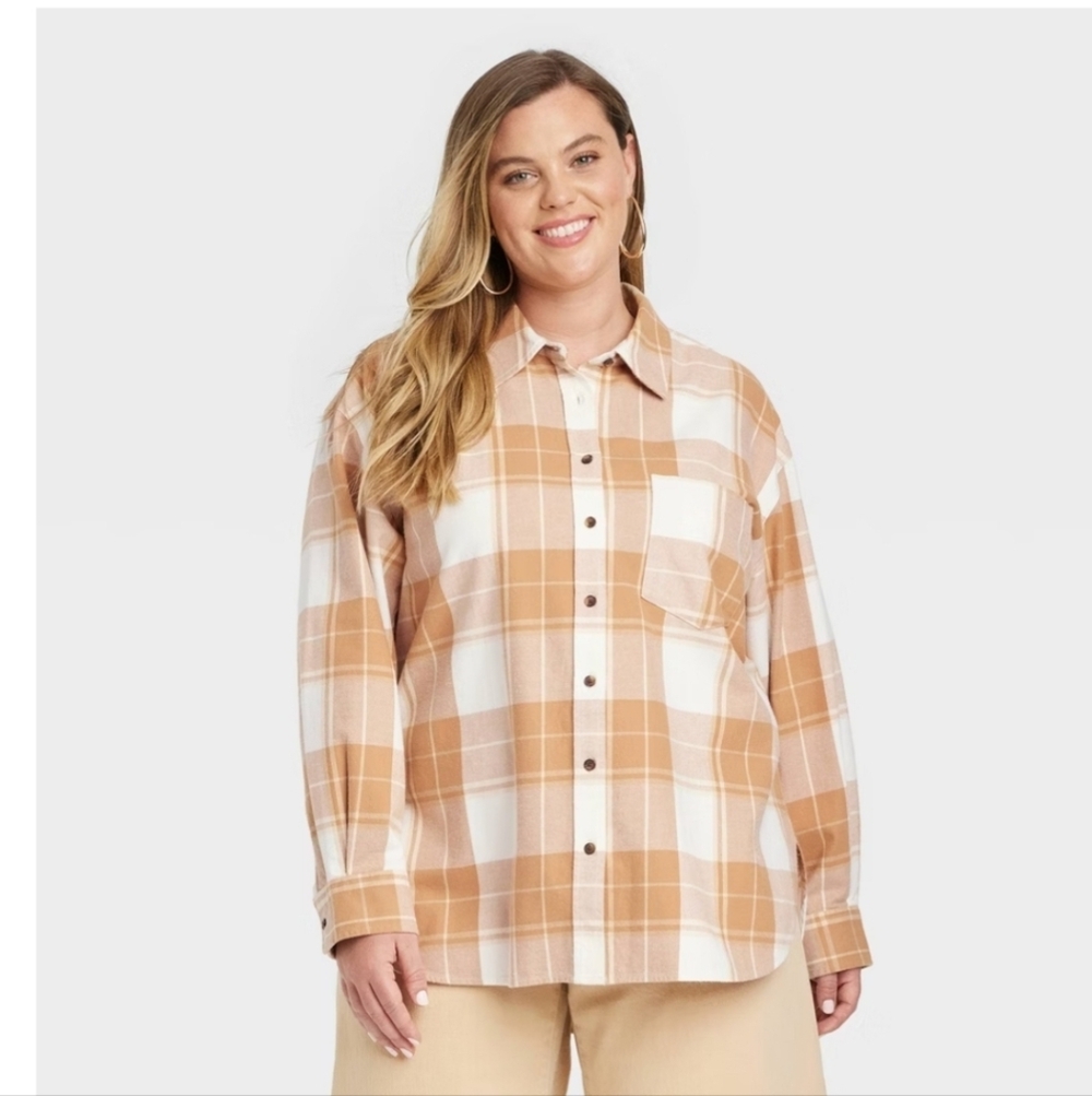 Women's Oversized Flannel Long Sleeve Collared Button-Down Shirt - XXL